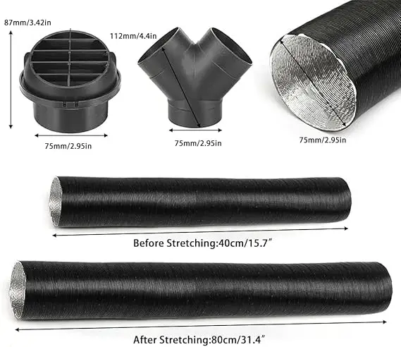 

75mm Diesel Heater Ducting Pipe Kit Warm Air Vent Hose Air Outlet Black For Webasto Eberspacher Propex Parking Diesel Heater