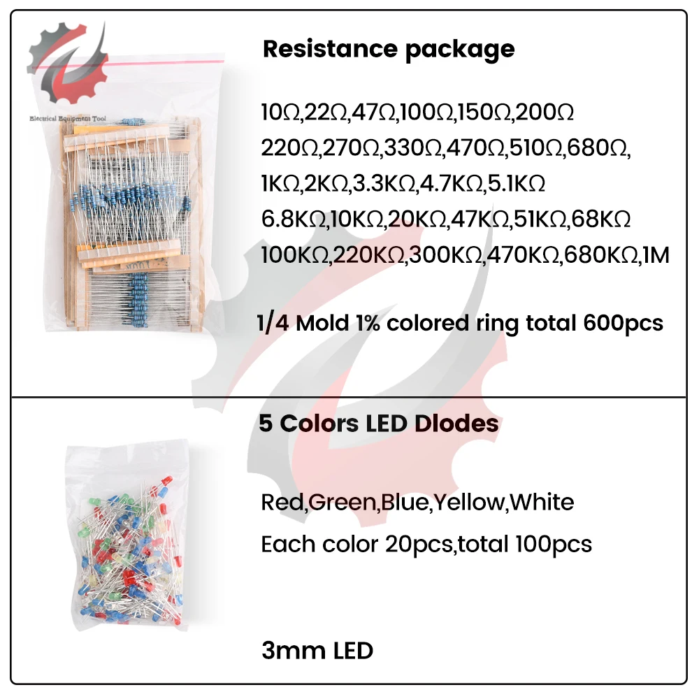 1390PCS Component Electronic Kit 1/4W Resistance 1% Metal Film Resistor Electrolytic Capacitor LED Emitting Diode Ceramic Chip