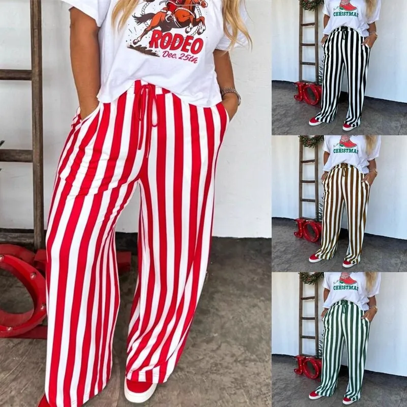 Loose Casual Striped Print Long Pants Straight Leg Trousers for Women Spring Summer New Style Cross-Border High Waist Polyest...