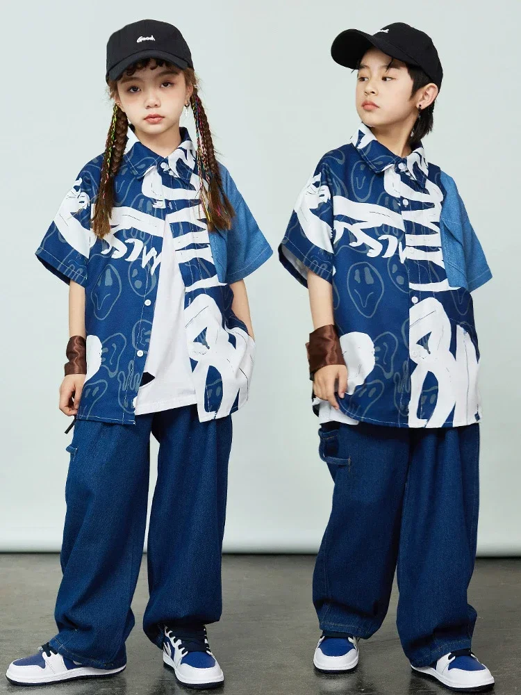 Street Dance Clothes Hip Hop Outfit Blue Shirt Pants Kpop Jazz Dance Clothing Children's Day Dancewear Festival Costume DL10427