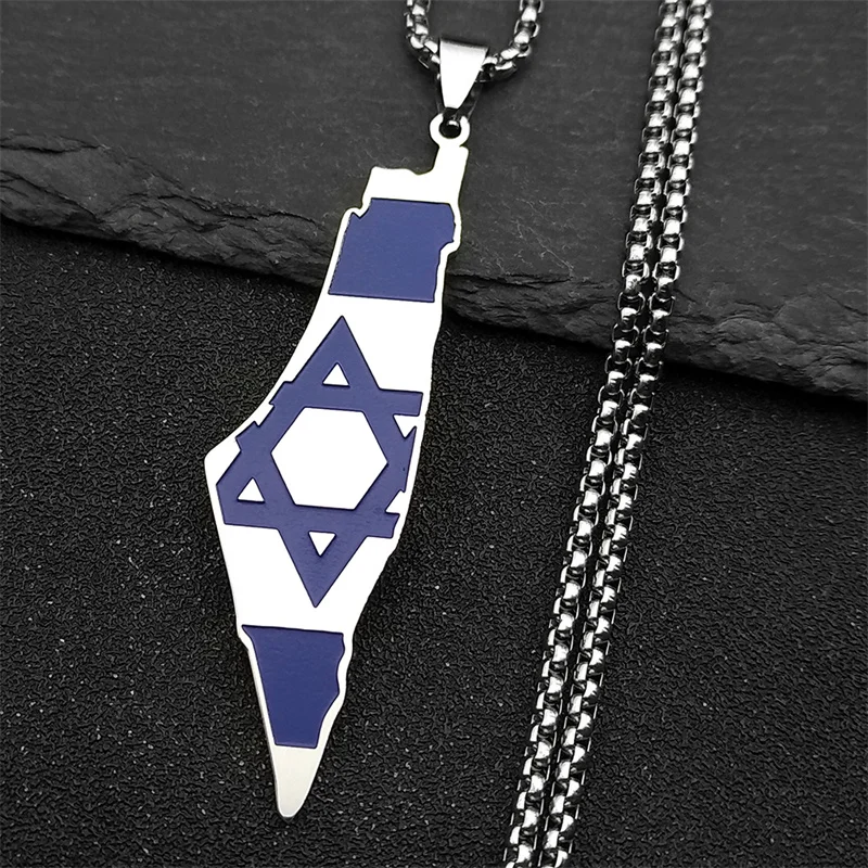 Blue Israel Map Pendant Necklace for Women Men Stainless Steel Silver Color Geography Country Jewish Star Of David Chain Jewelry