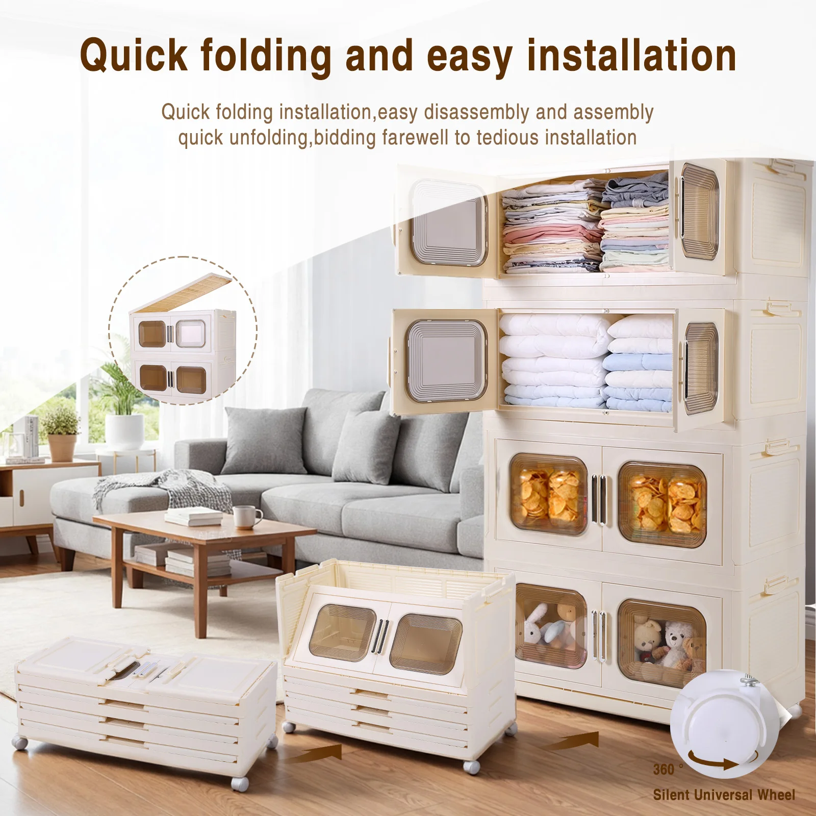 4 Pack Foldable Storage Box with Wheels and Magnetic Doors Stackable Storage Container Plastic Storage Bins for Home