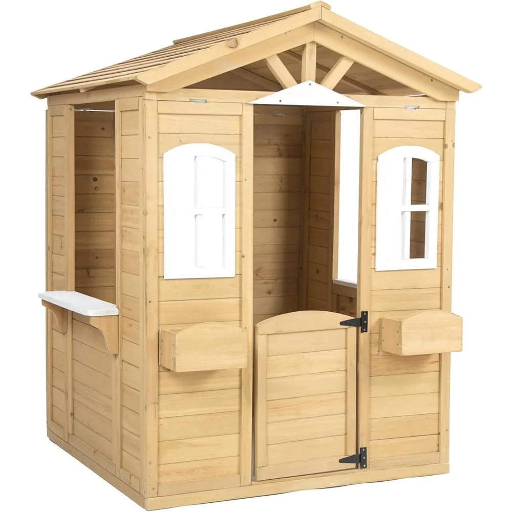 

Outdoor Kids Wooden Playhouse Storage Toy Box with Operable Doors Windows Planter Rack Serving Station 39" x 38" x 55.5"