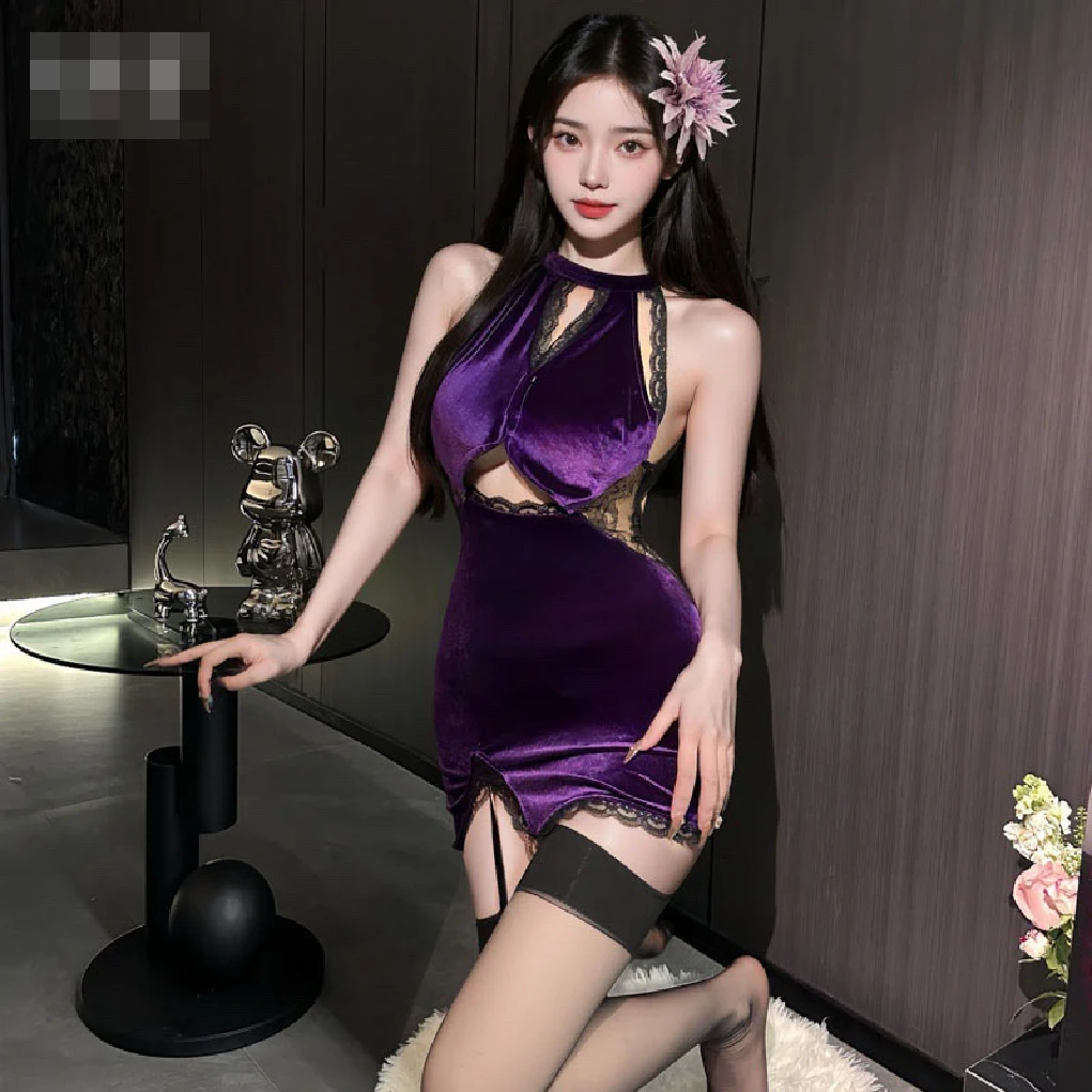 

Purple Velvet Female Pajamas Sexy Skirt Lace Design Emotional Intimates Pure Desire Bed Abstinence Date F186
