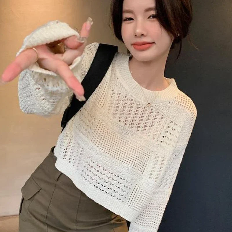 

Женские комплекты из 2 предметов, милые винтажные ажурные пуловеры, майки, повседневные женские новые весенние модные уличные одежды, универсальные однотонные Ulzzang