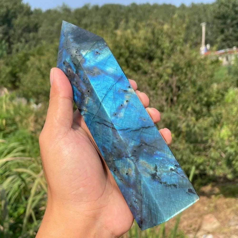 Tour en pierre naturelle de labradorite, pointe de cristal, obélisque, tour d'énergie curative, baguette magique de lune bleue, décoration minérale pour la maison
