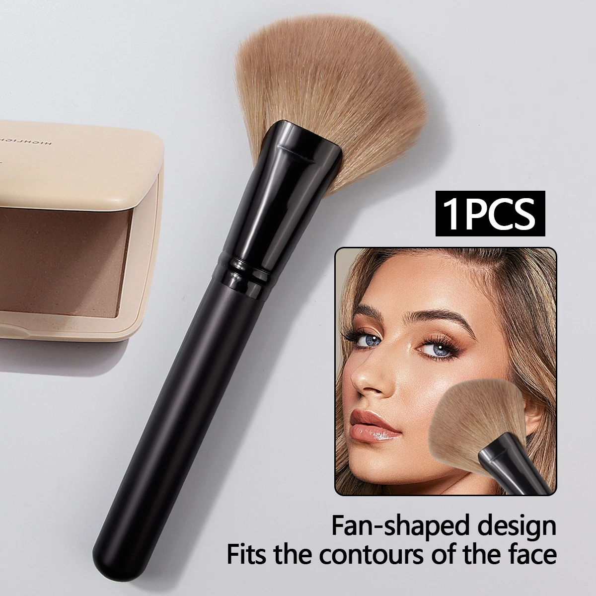 1 peça de novo pincel em forma de leque com cabo de madeira, pincel de contorno, pincel de blush e ferramenta multifuncional de pincel de maquiagem facial