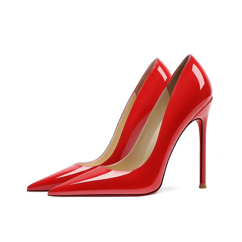 

Spring New Lacquer Leather Single Shoes Sexy Pointy Thin Heels, Elegant Style, White Matching Red High Heels for Women