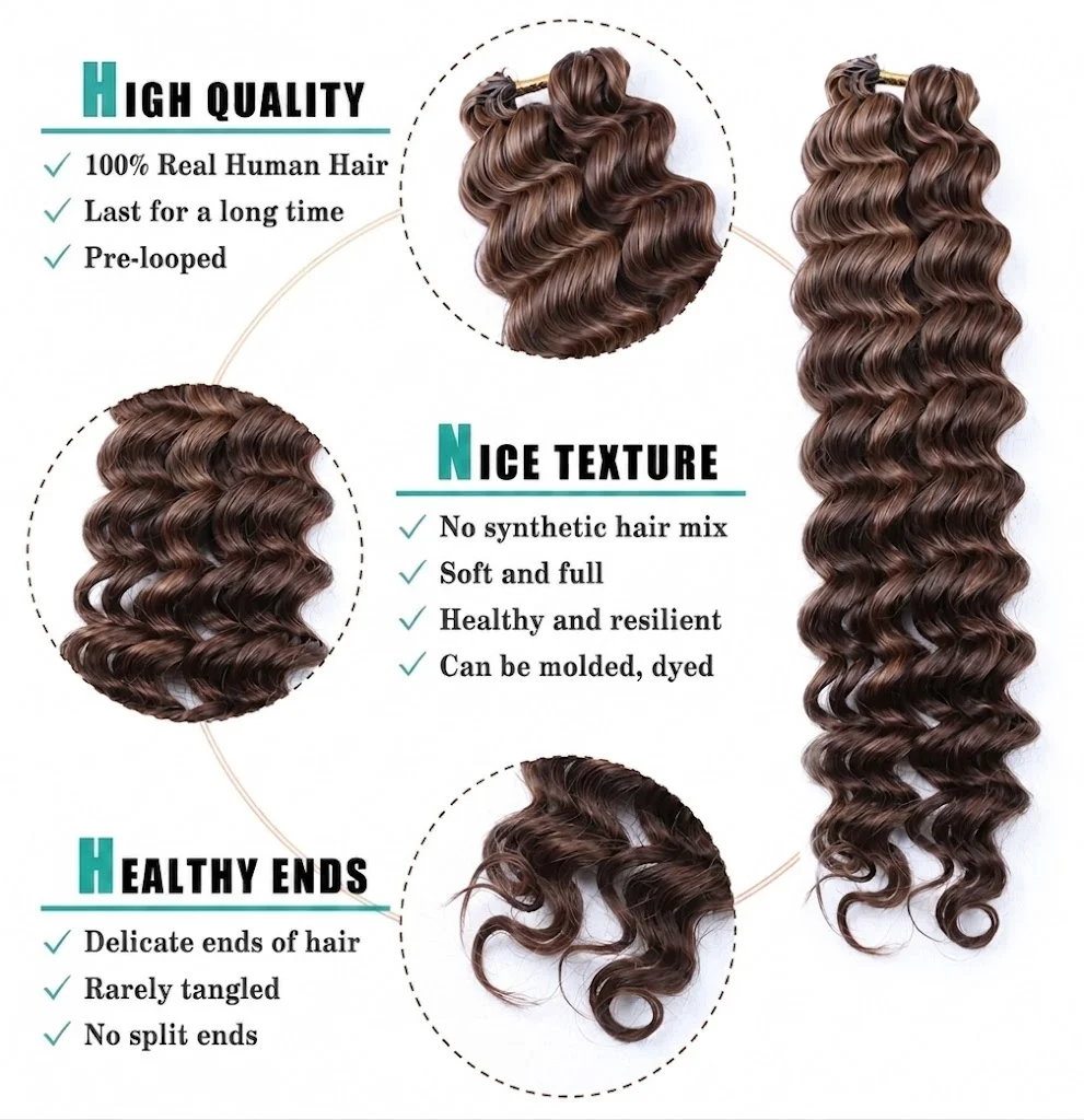 Deep Wave Feather Crochet Boho Braids Human Hair Extensions #4/27 Highlight Colored Pre-Separated Invisible Miracle Knots Crochet Hair 100% Raw Vietnamese Human Hair for Braiding Soft Fluffy Lightweight for Women Daily Wear