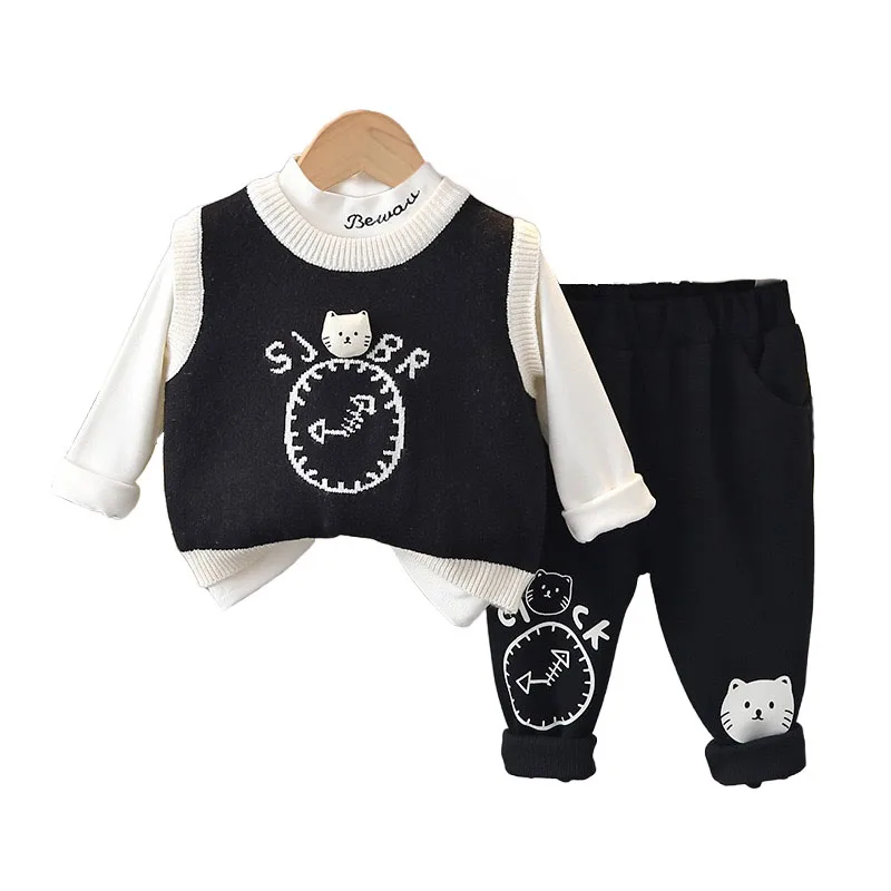 Boutique Kids Sets 2024 Fall Baby Boy Clothes Free Shiping Elegant Clock Cat Knitted Sweater Vest + T-shirts + Pants Boys Outfit