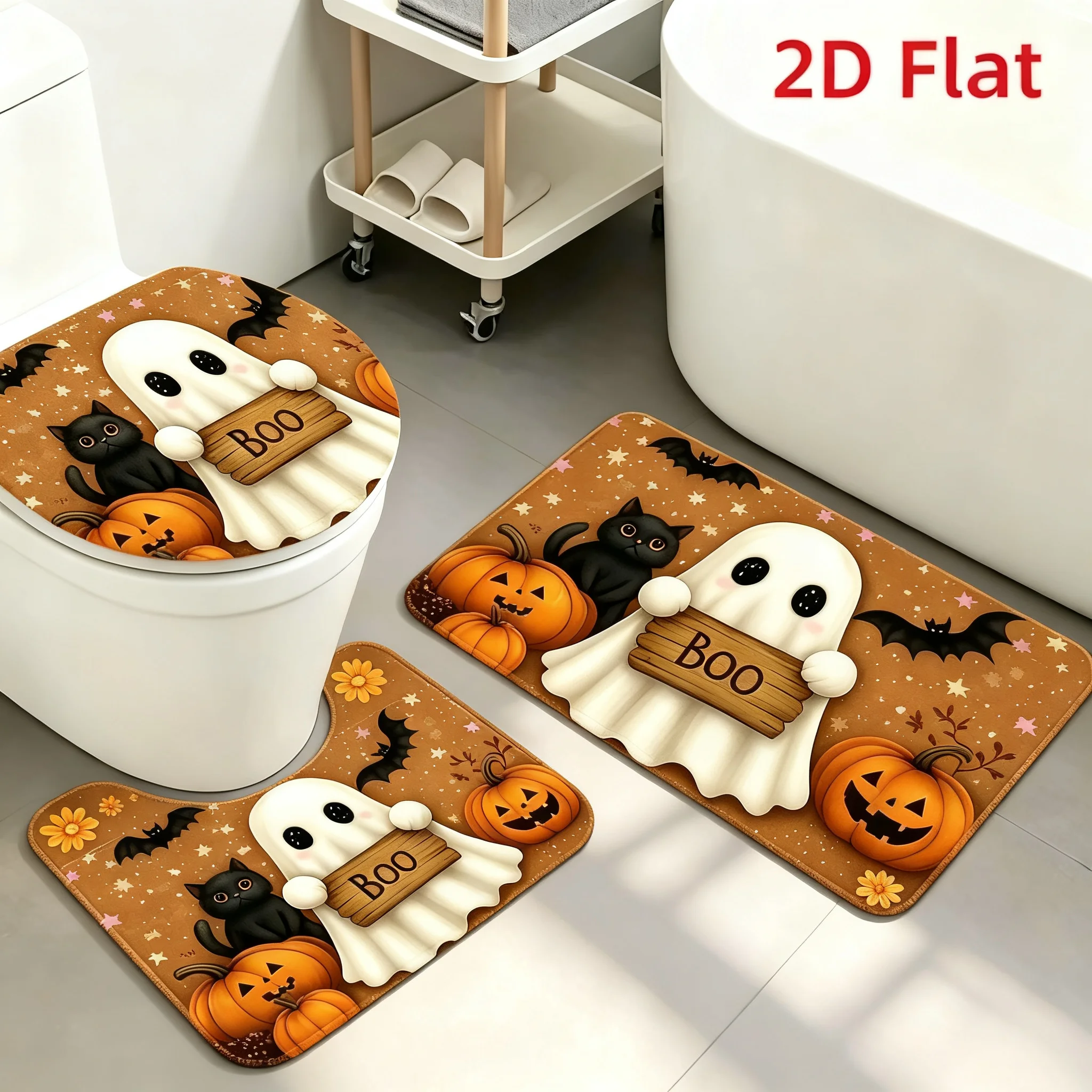 Cute Ghost Pumpkin Halloween Bathroom Rug Set, Non Slip Holiday Bath Mats