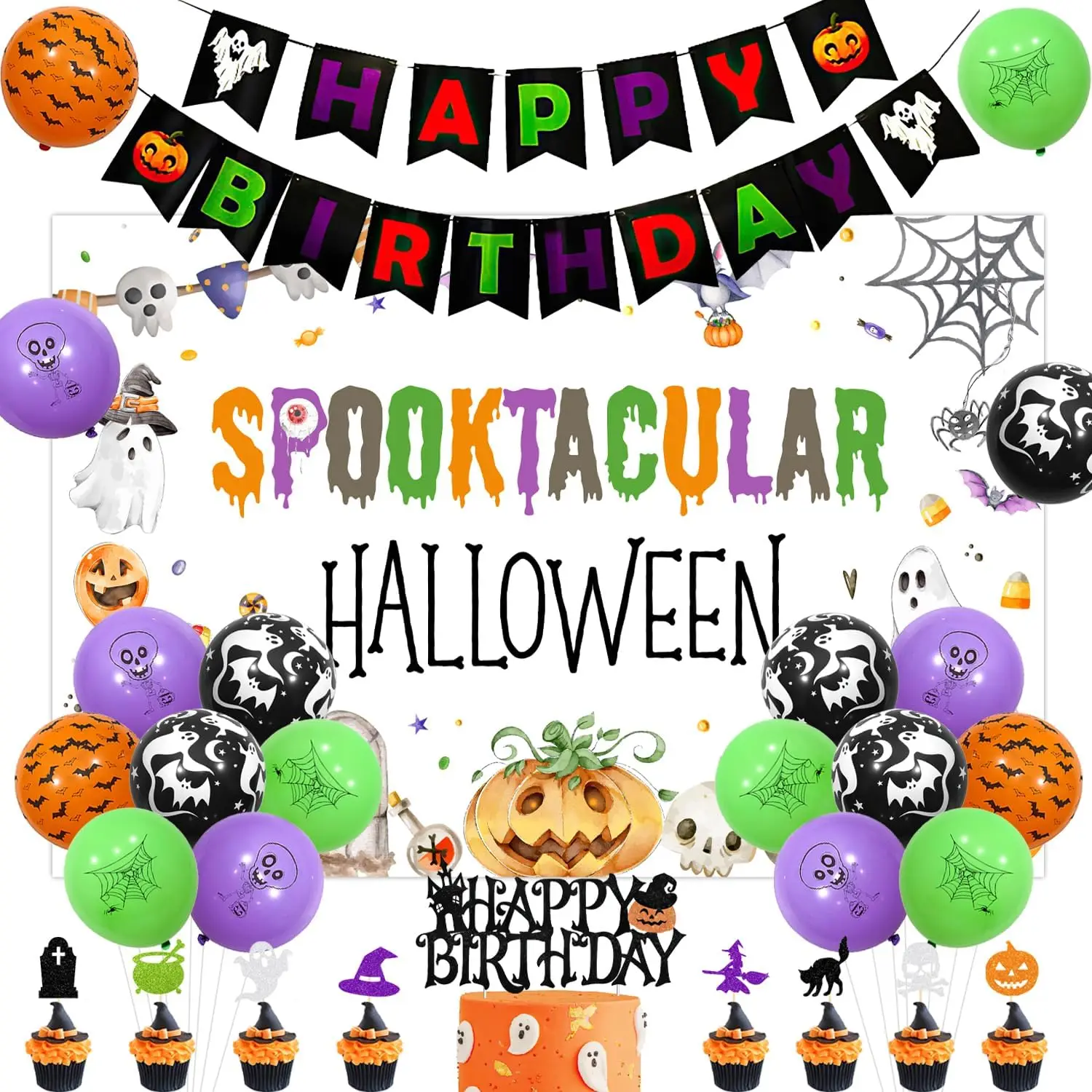 

Sursurprise Spooktacular Halloween Theme Birthday Party Multicolor Pumpkin Ghost Banner Balloons Birthday Party Decor Supplies