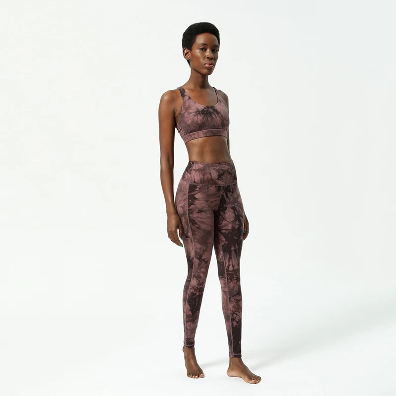 Women\'s tie-dye high waist hip lift side pocket yoga nine-point leggings tights fitness training sports running pants with logo