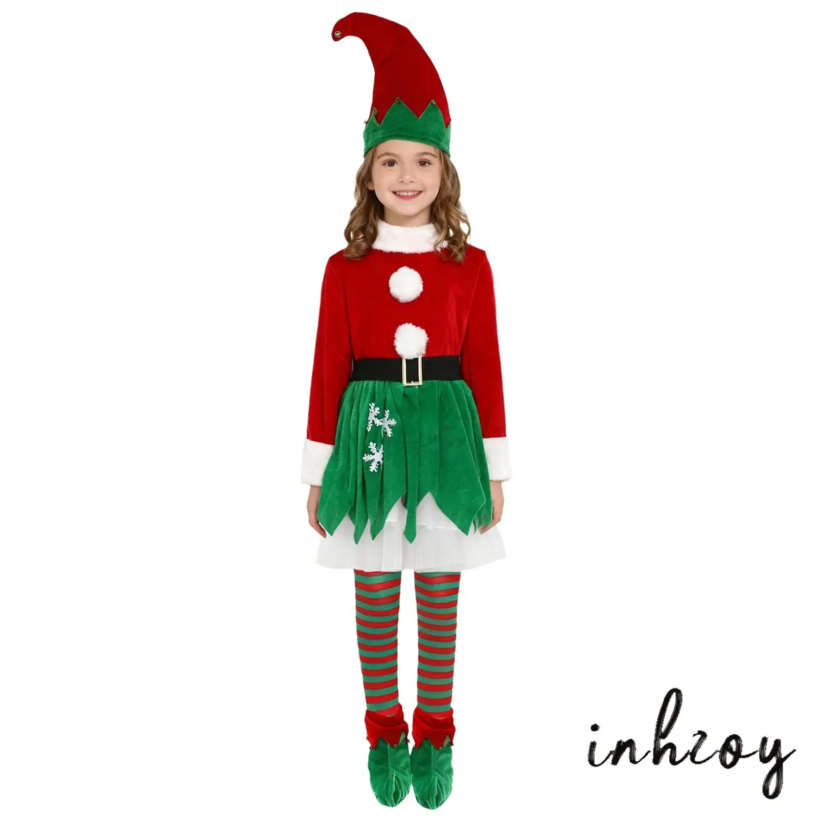 

Girls 5 Pieces Christmas Elf Costume Contrast Color Tutu Dress with Hat Waistbelt Stripe Socking And Shoes Covers Outfit Set