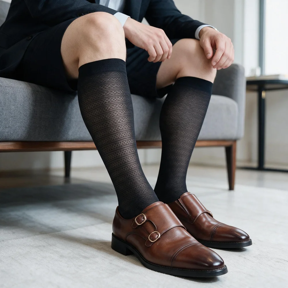Mens Knee High Sheer Dress Socks Nylon Over The Calf Thin Breathable Formal Business Suit Socks with Subtle Geometric Pattern