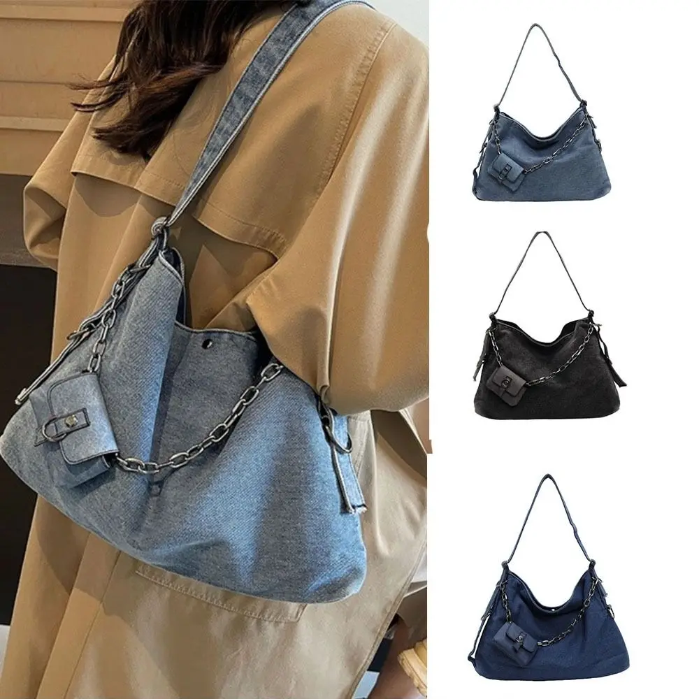 

With Small Bag Denim Shoulder Bag Large Capacity Korean Style Women's Chain Crossbody Bag Retro Cross Body Satchel Bag Women