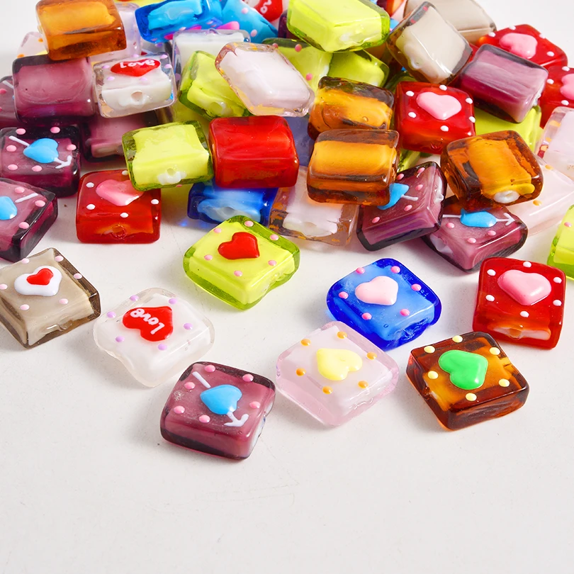 

5-30pcs Hand Drawn Style Heart-Shaped Glass Straight Hole Beads Glass Square Bead Diy Handmade Bracelet Necklaces Bead Materials