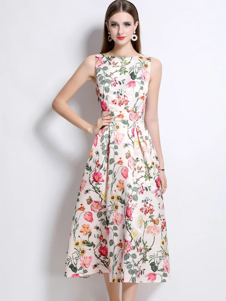 New Fashion Women Dresses 2025 Summer Sleeveless Party Dress Print A Line Maxi Long Vestidos Office Woman Sundress Robe Femme
