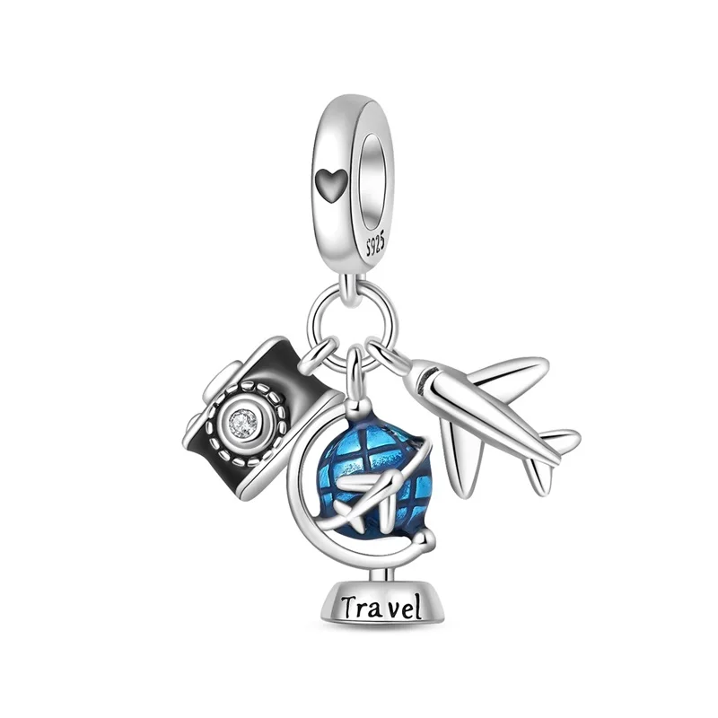 

New 925 Sterling Silver Charm Airplane Camera Globe Travel Life DIY Beads Pendant Fit Original Charms Bracelet Jewelry For Woman