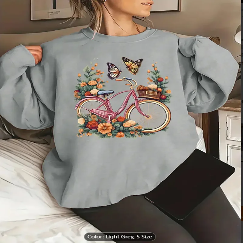 

Womens Pink Sweatshirt Floral Bicycle Butterfly Graphic Print Casual Oversized Pullover Top for Nature Lovers Pure Cotton