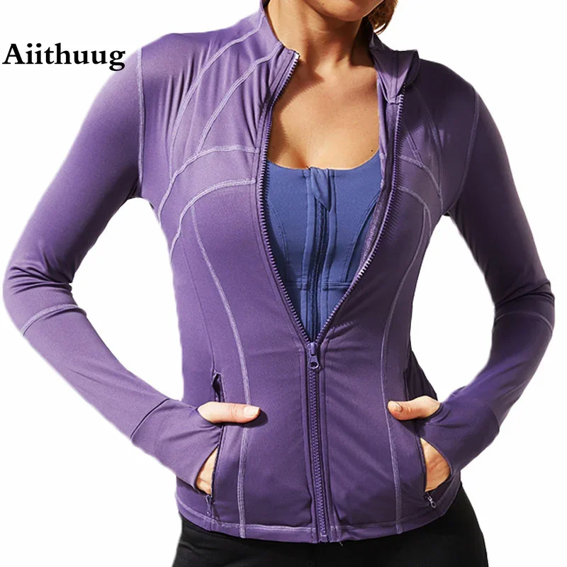 

Aiithuug Stand-up Collar Jackets with Pockets Women's Slim Fit Full Zipper Breathable Tops Long Sleeve Fitness Pilates Sportwear