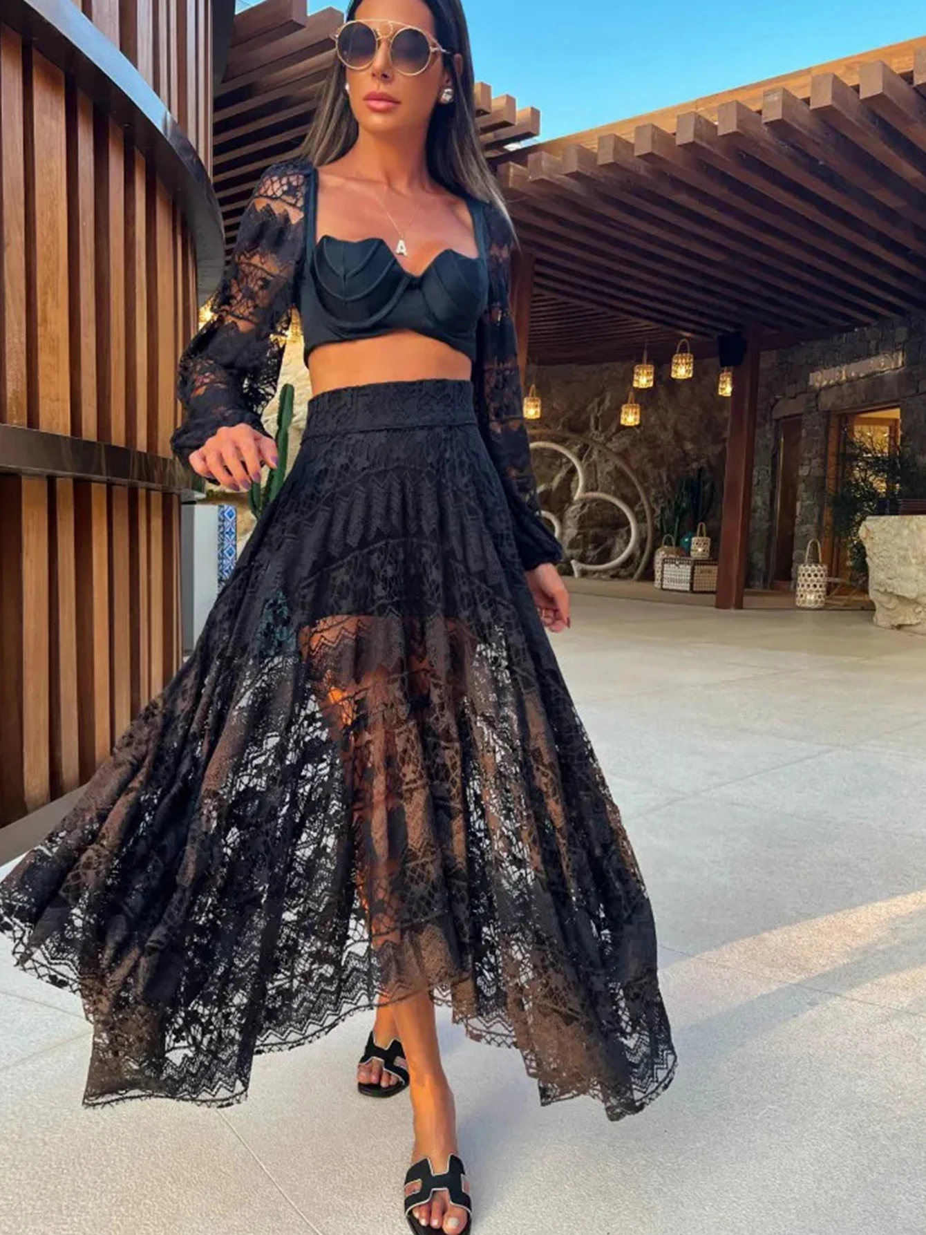 New Sexy Lace Skirt Set Women Long Dress Long Sleeves Top With Skirt Evening Party Dress Lady Dresses 2024 For Evening