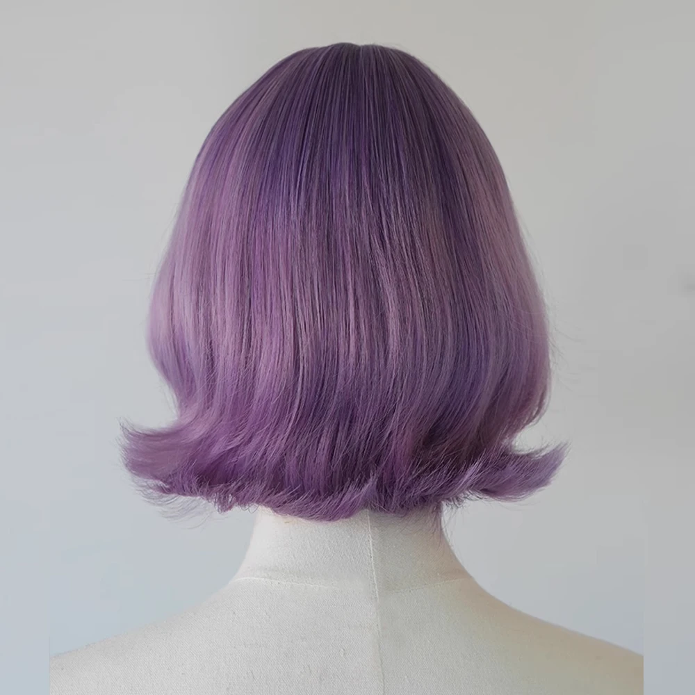 Synthetic Short Straight Ombre Purple Wig with Bangs Fluffy Women Heat Resistant Wig for Daily Party