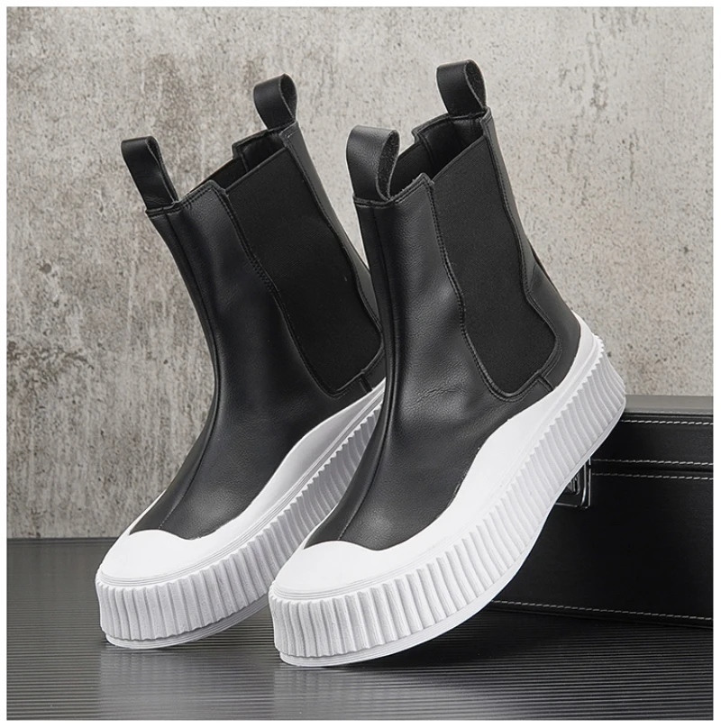 

White Men Chelsea Boots Fashion High Top Platform Boots Men Outdoor Street Ankle Boot Man botas para hombre