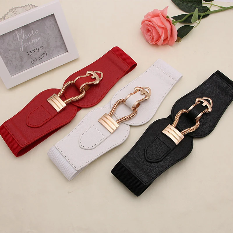 Women Fashion Wide Waistband Big Buckle PU Leather Cummerbunds for Ladies Dress Sweater Stretchy Belts Elastic Waist Belt