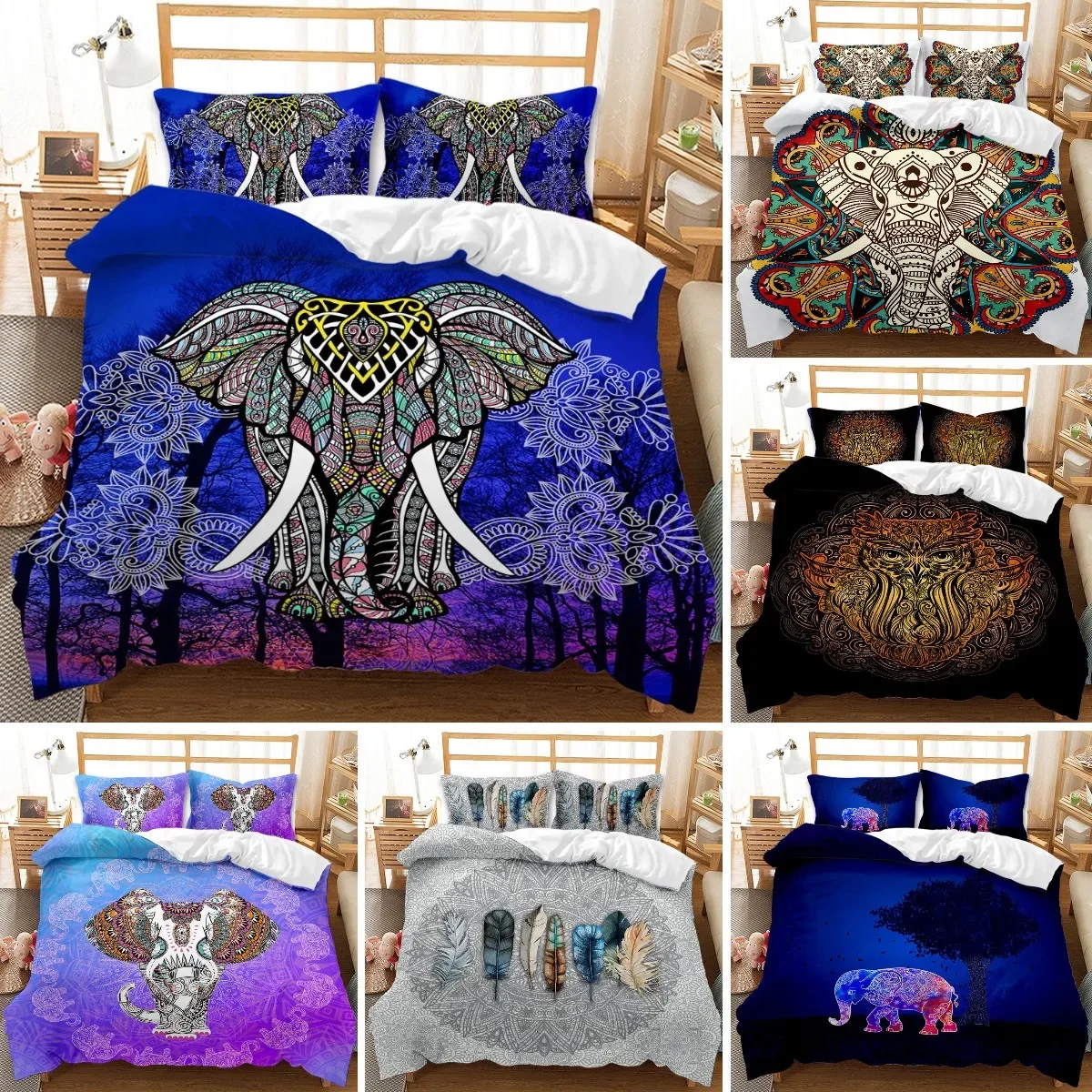 

2/3 Piece Bohemian Elephant Mandala Pattern Bedding Set Boho Duvet Cover Queen King Size Quitl Cover Polyester Comforter Cover