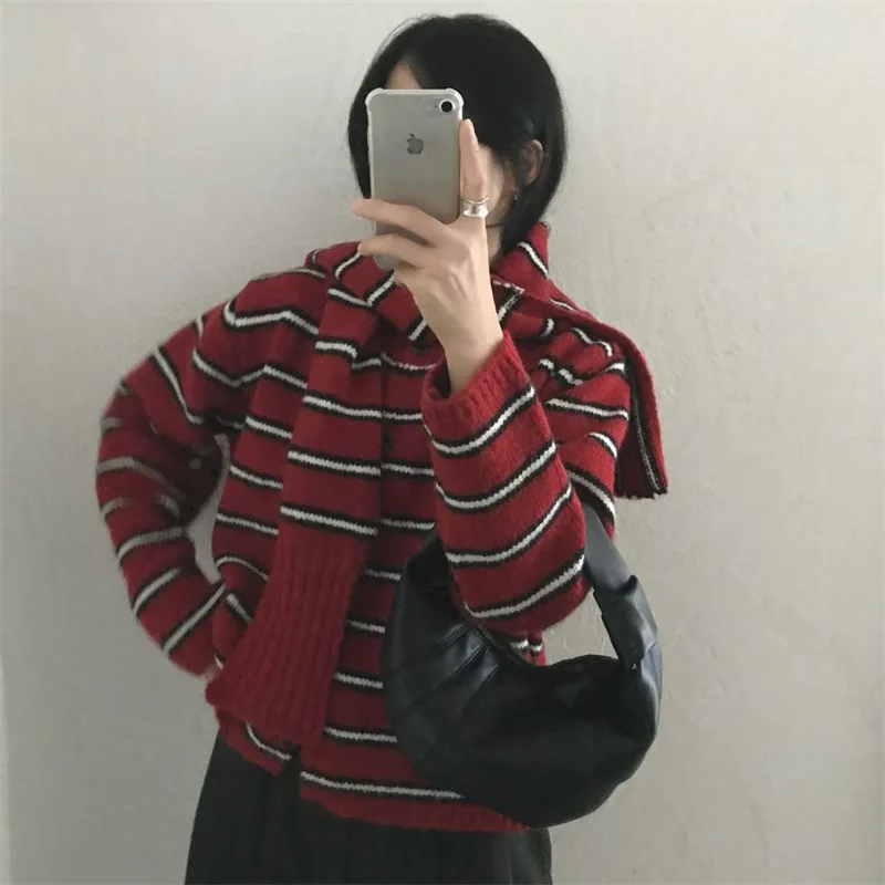 

Y2k уличная одежда, полосатый кардиган с круглым вырезом, свитера для женщин, Harajuku, ретро, американское вязаное пальто, корейский шикарный пуловер с длинными рукавами, топ