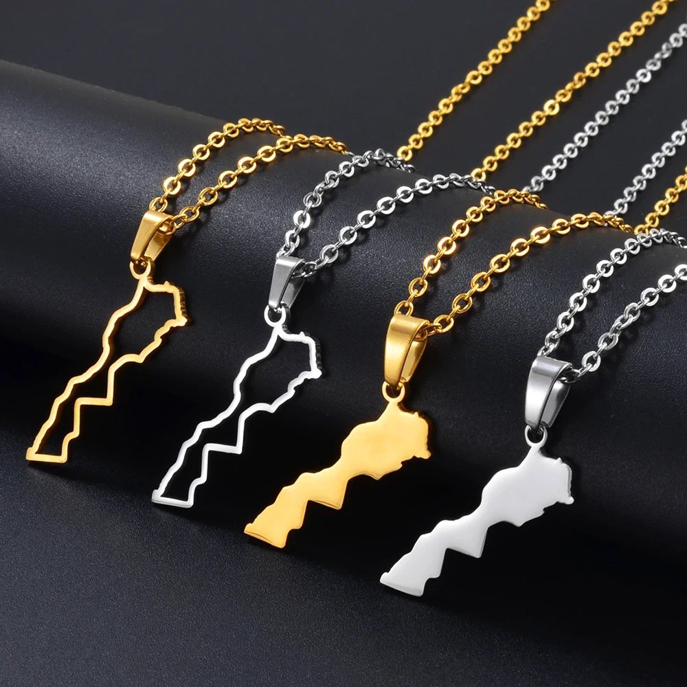 Anniyo Contour and Flat Design Maroc Mapa Colgante Collar Joyería para Mujeres Hombres Acero Inoxidable Artículos Marruecos # 315001