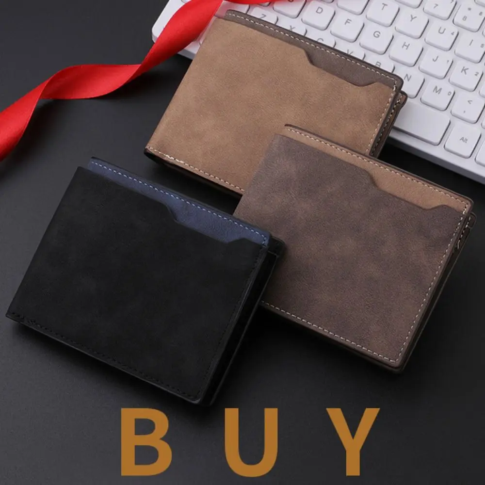

New PU Leather Men's Short Wallet Two-fold Black Coffee Multiple Pockets Large Capacity ID Card Holder Men