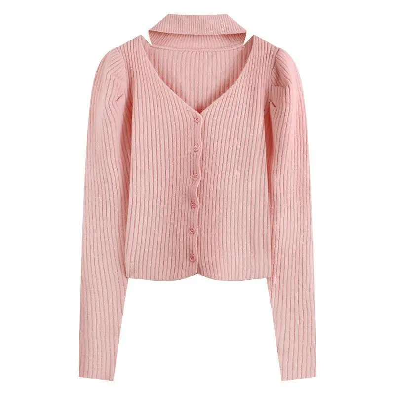 Camisa inferior de punto con manga de burbuja francesa para interior de mujer, Top único y elegante con cuello en V y cuello colgante