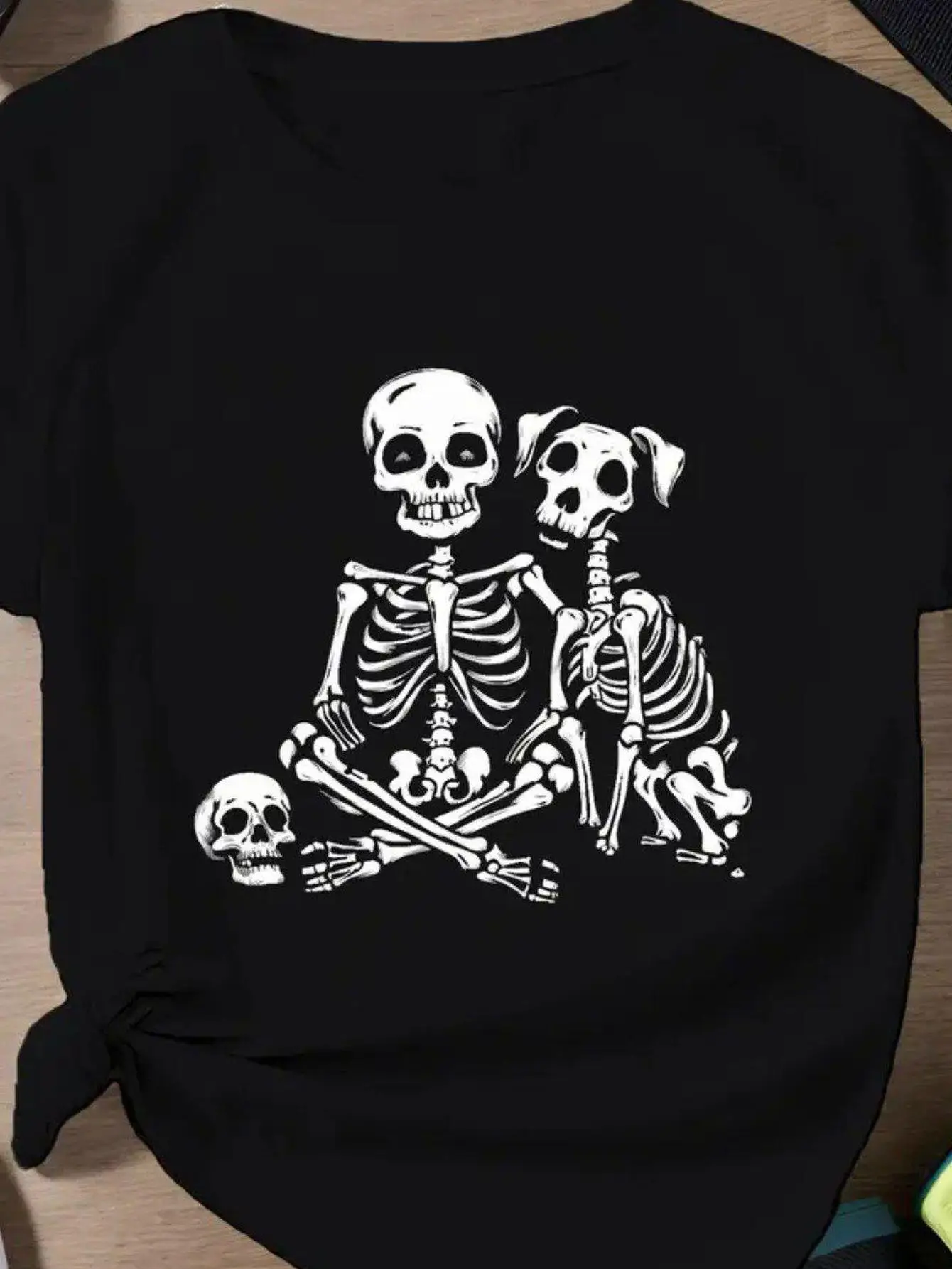 Black and white skull print, breathable stretch, crew neck short sleeves, everyday casual tops and gym wear women's skull