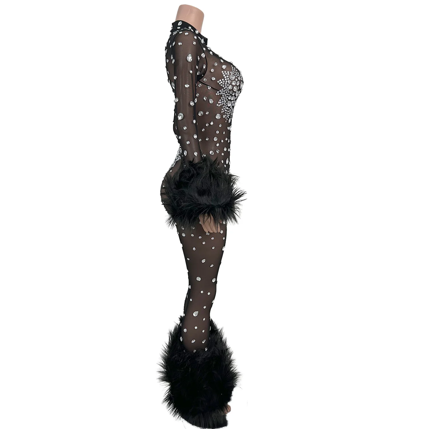Guibinlianti Tuta nera sexy in rete con polsini in peluche leggings con strass argento Natale Halloween Capodanno Abito da festa