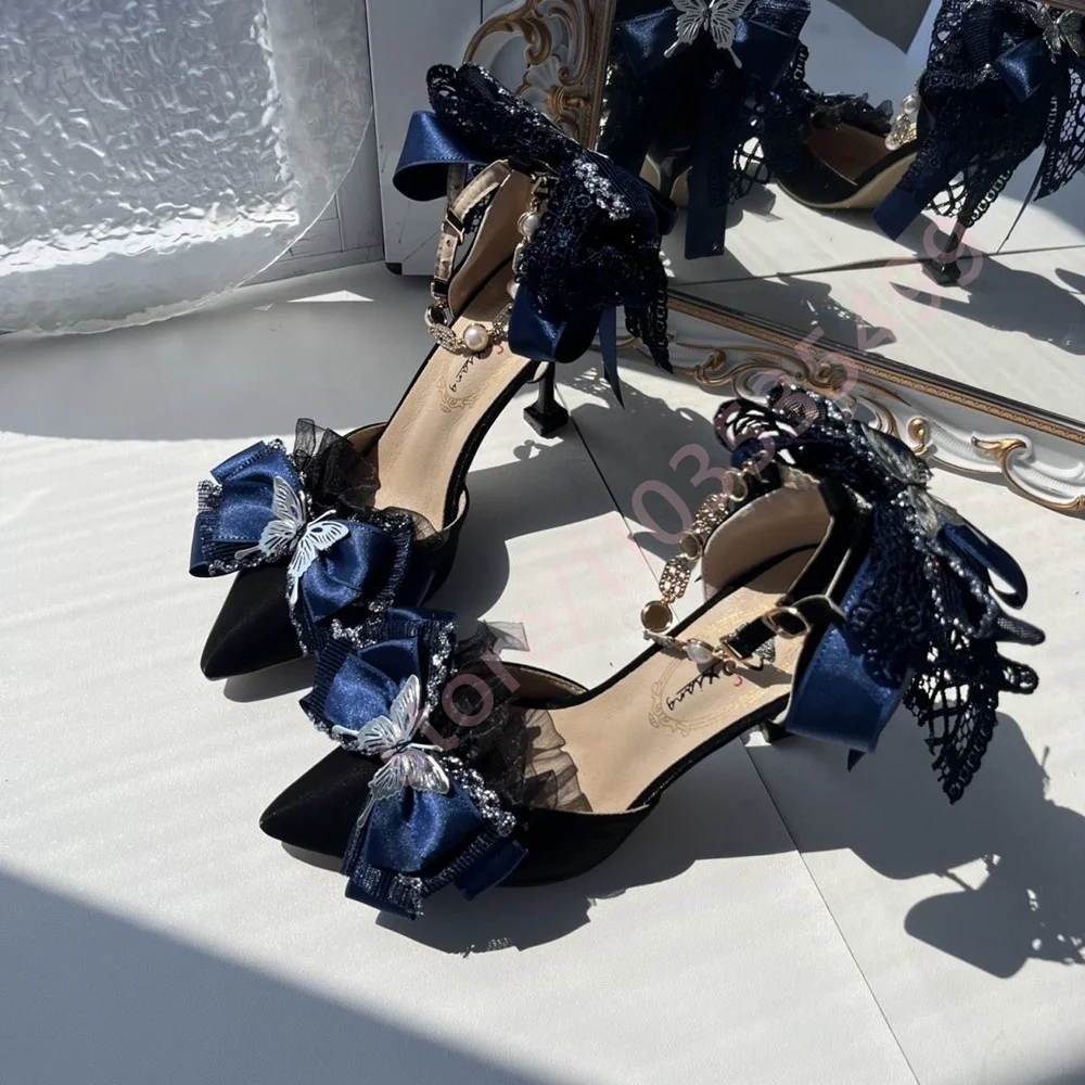 2026 New Satin Pointed Toe Heels Navy Blue Lace Bow Butterfly Rhinestone Ankle Strap Pumps Elegant Wedding Party Shoes for Women view 4