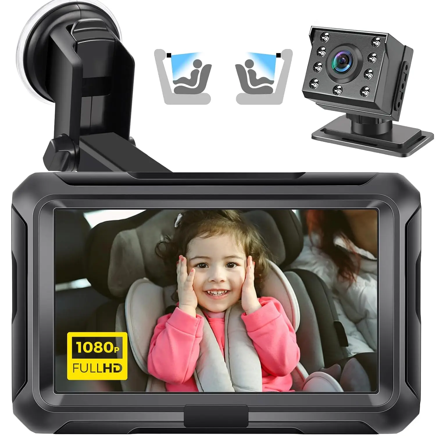 

1080P Baby Car Camera with HD Night Vision, 4.3" Screen, 150° Wide Angle & 360° Rotation for Rear Facing Seats