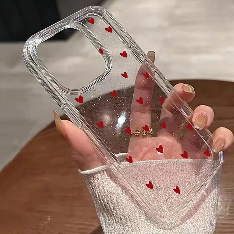Fashion Glitter Red Heart Printed Transparent TPU Phone Case For iPhone 17 16 Pro Max 15 14 13 12 11 XS X XR 16E 7 8 Plus Cover - náhled 3