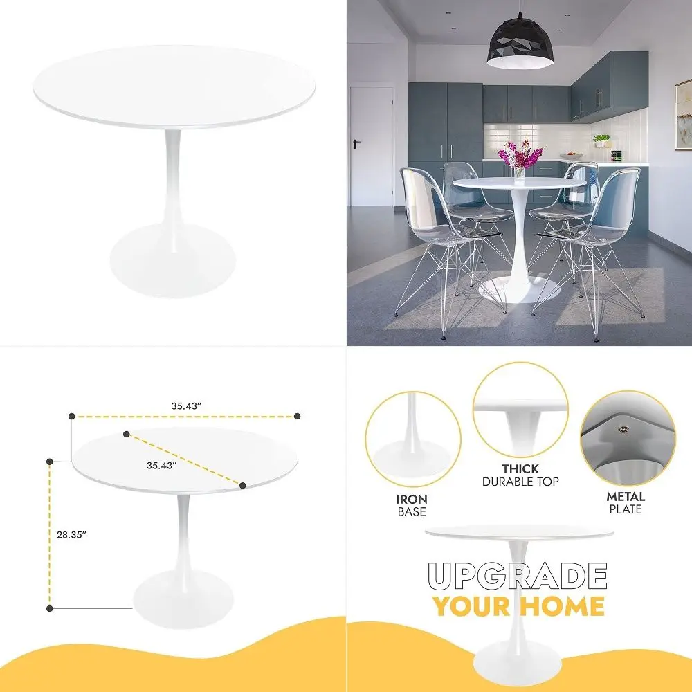 

Bristol 35 Wide Round Dining Table, Modern MDF Wood Top amp White Metal Pedestal Base Gloss Finish Accent Table MidCentury Cafe