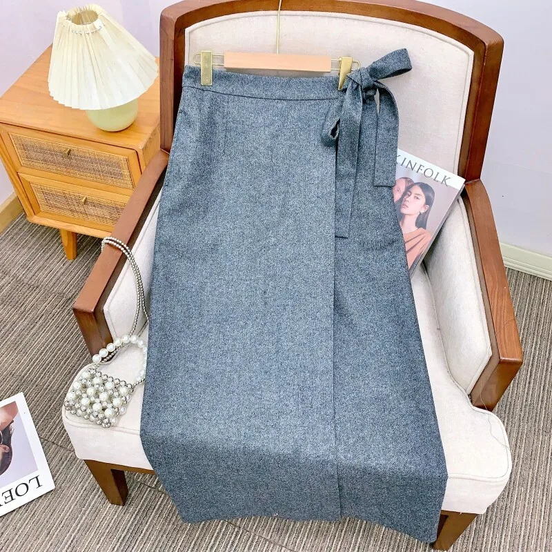 EAEOVNI Elegante Wollen Lange Rok Voor Vrouwen Lace-up Verzamelde Taille Effen Kleur Een Lijn Lange Rokken Mode 2026 nieuwe Kleding