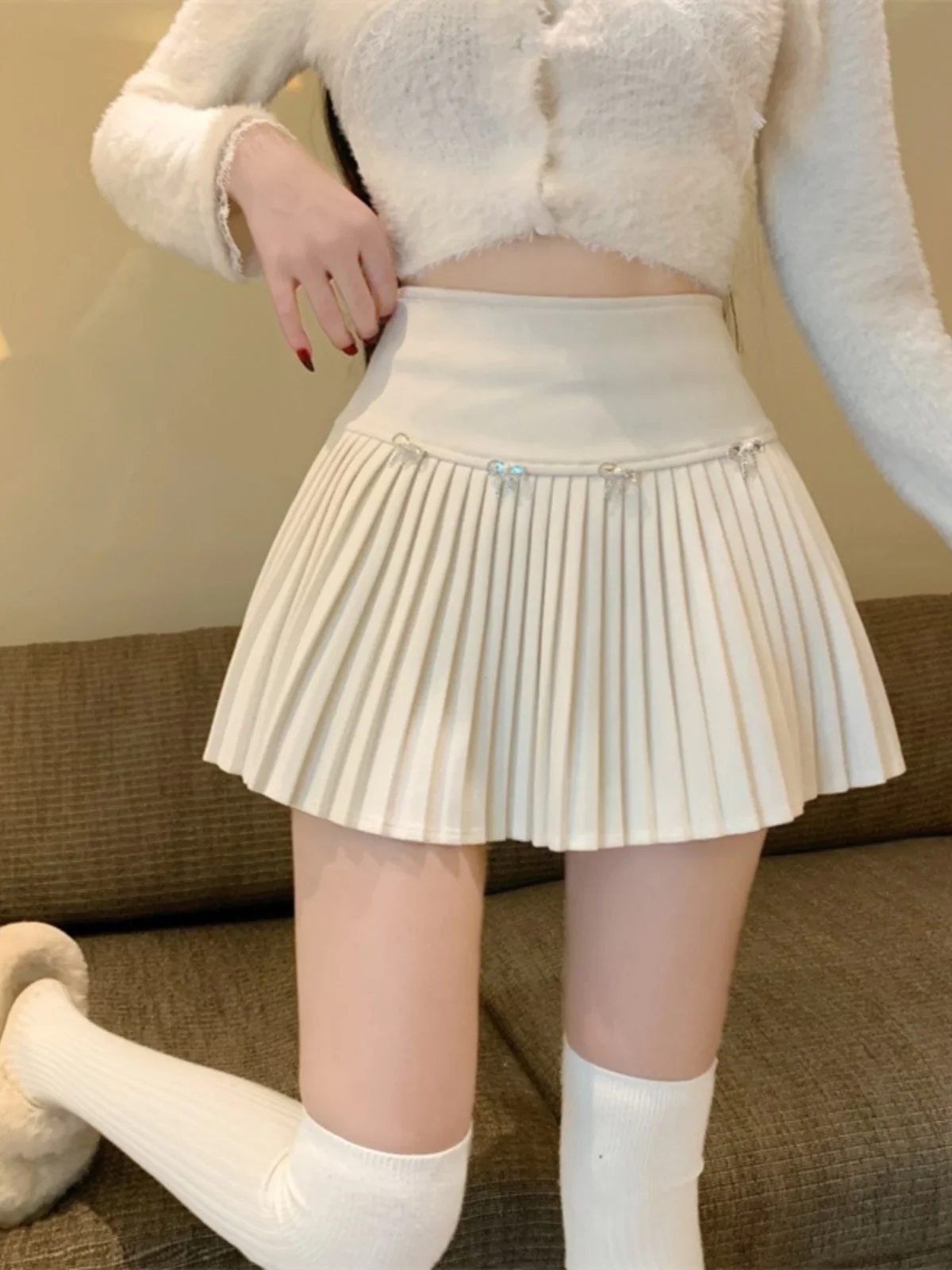 Small Bow Woolen Skirt Women's Autumn High Waist A- line Skirt Pleated Skirt Slimming Anti-exposure Short dress