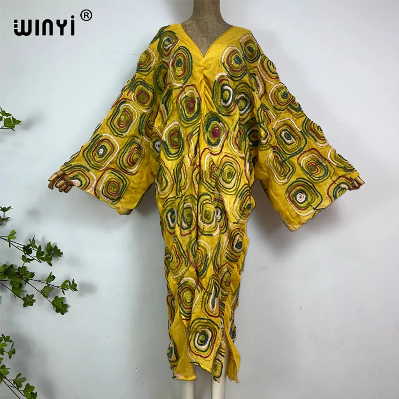 WINYI Summer Party Dress Middle East Vintage Floral embroidery Kaftan Maxi dress Beach Bohemian Beach Sundress for lady Vestidos