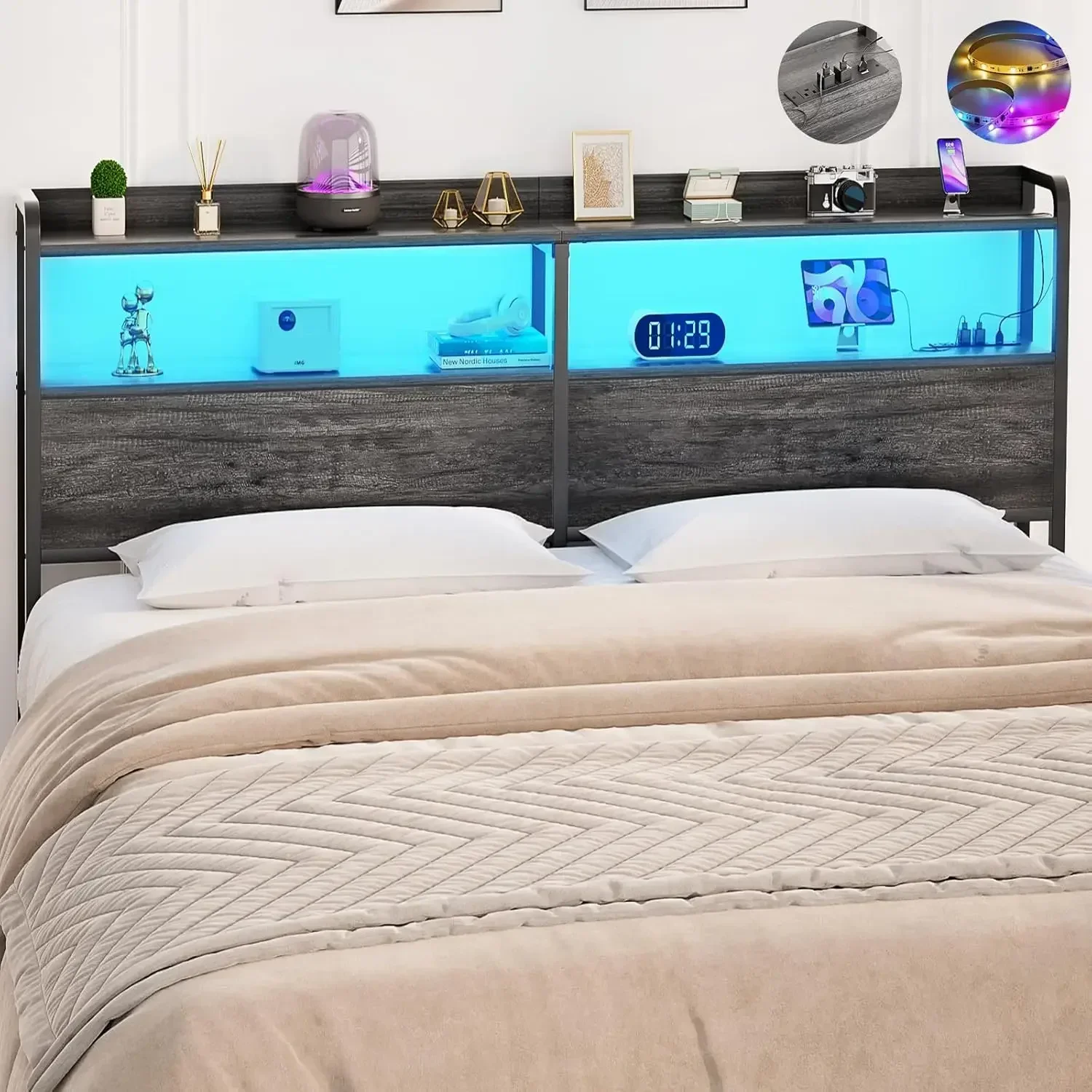 Headboard for Queen Size Bed Frame, Headboards with Outlets, USB Ports and LED Light, Head Board with Storage, Height Adjustable