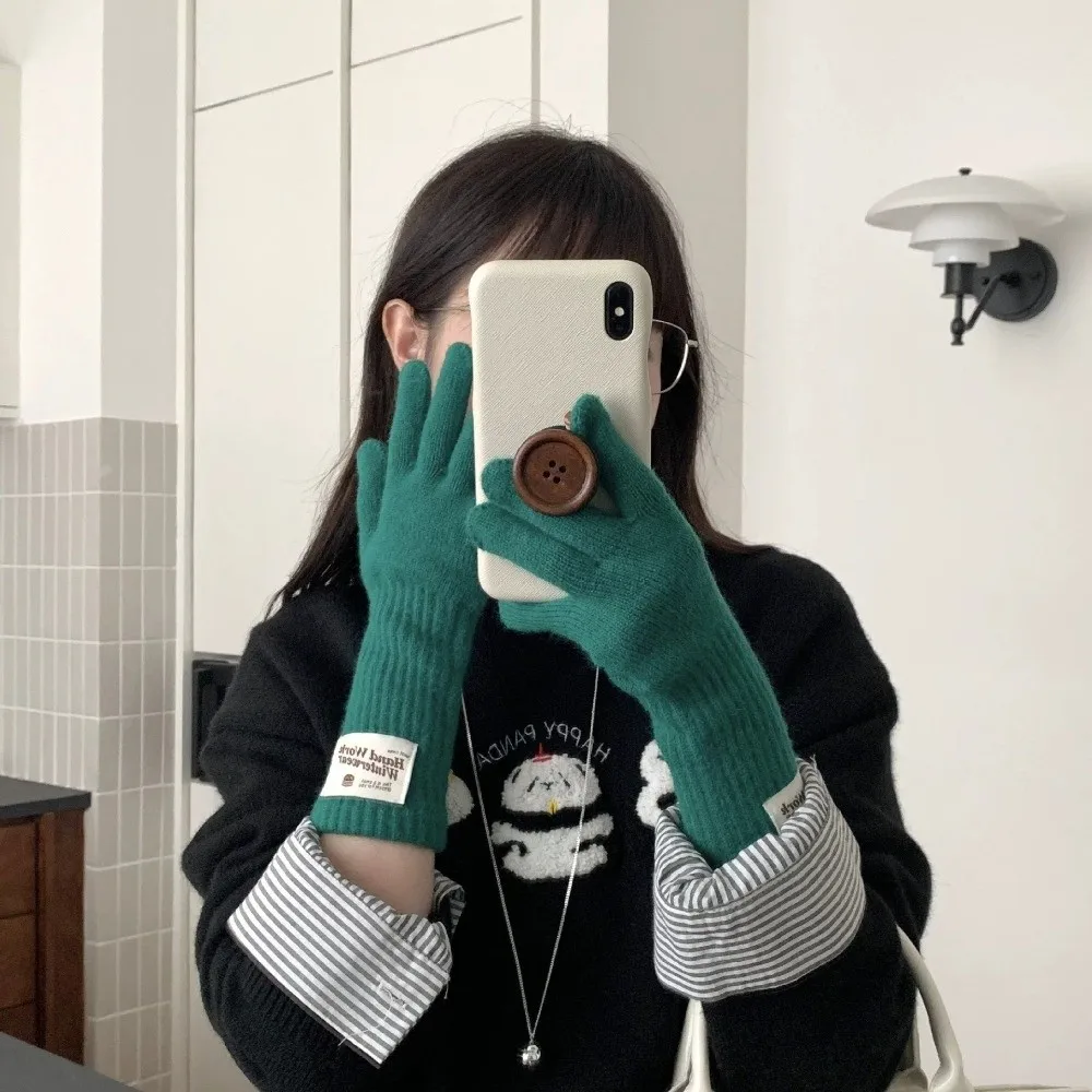 Long Solid Color Open Tip Touch Screen Gloves One Size Warm Winter Knitted Gloves Acrylic Material Five Finger Gloves For Women