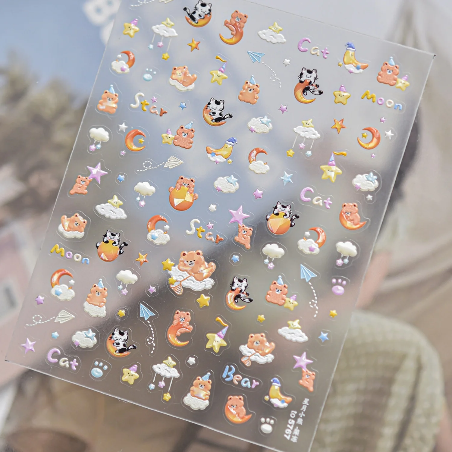 5D Cartoon Nail Stickers Cute Bear Orange Panda Cat Moon Star Cloud Paper Plane Lovely Childlike Style Self Adhesive Decals DIY