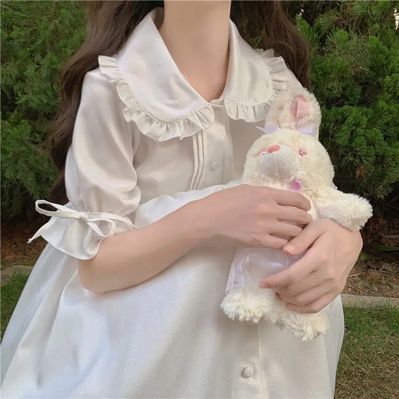 QWEEK White Kawaii Lolita Dress For Girls Soft Princess Fairy Peter Pan Collar Dress Japanese Style Cute Puff Sleeve Party Dress