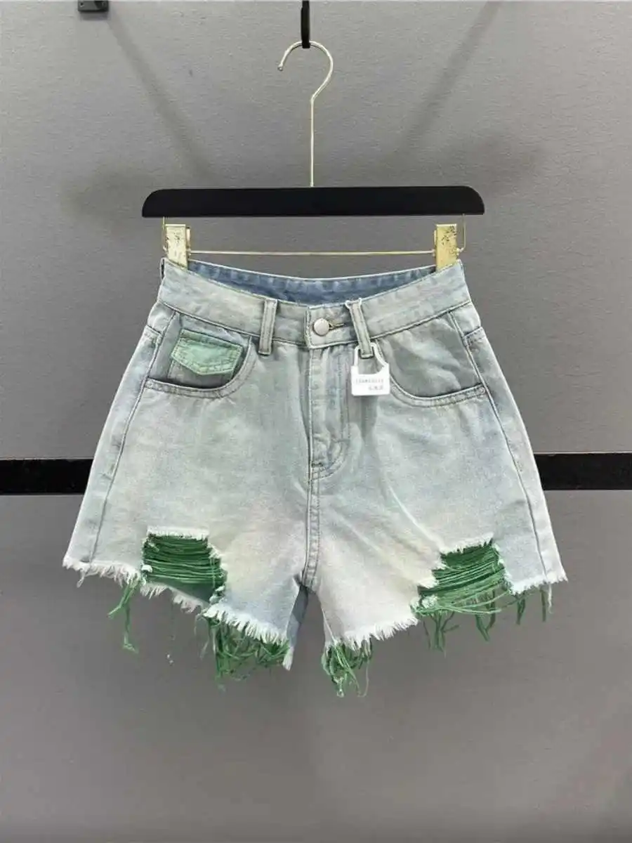 S-2XL Holes Women Short Denim Pants Summer New High Waist Pink Wide Leg Pant Zipper Fly Female Jeans Shorts