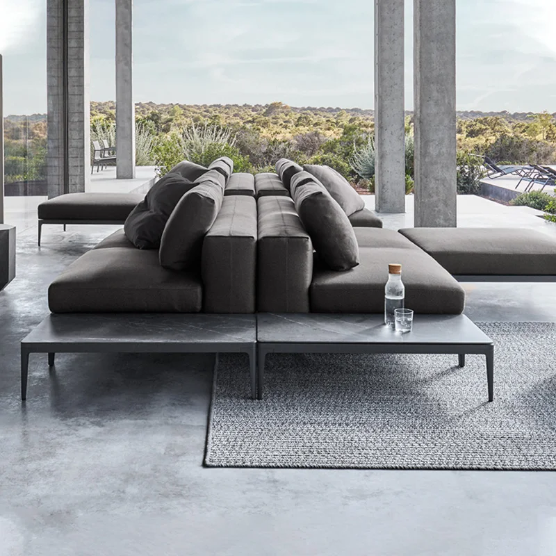 Cast Aluminum Patio Outside Furniture Pool Outdoor Backrest Thick Seat Cushions 4 Seat Teak Wood Sofa