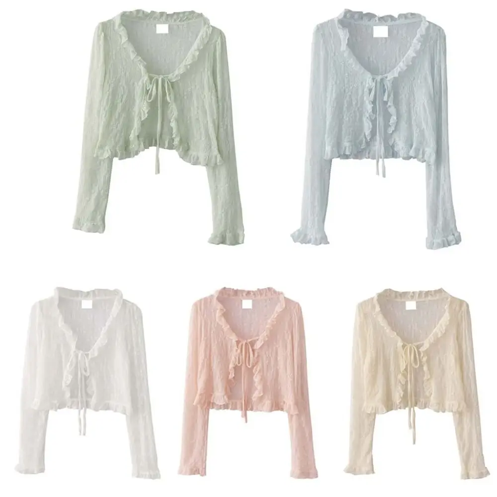 Flor floral fino protetor solar cardigan topo com decote em v ver através de malha mangas compridas protetor solar topo coreano proteção solar cobrir